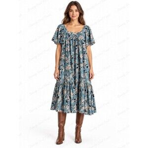 Ophelia & Indigo Blue Floral Smocked Neck Cotton Boho Midi Dress Size S/M